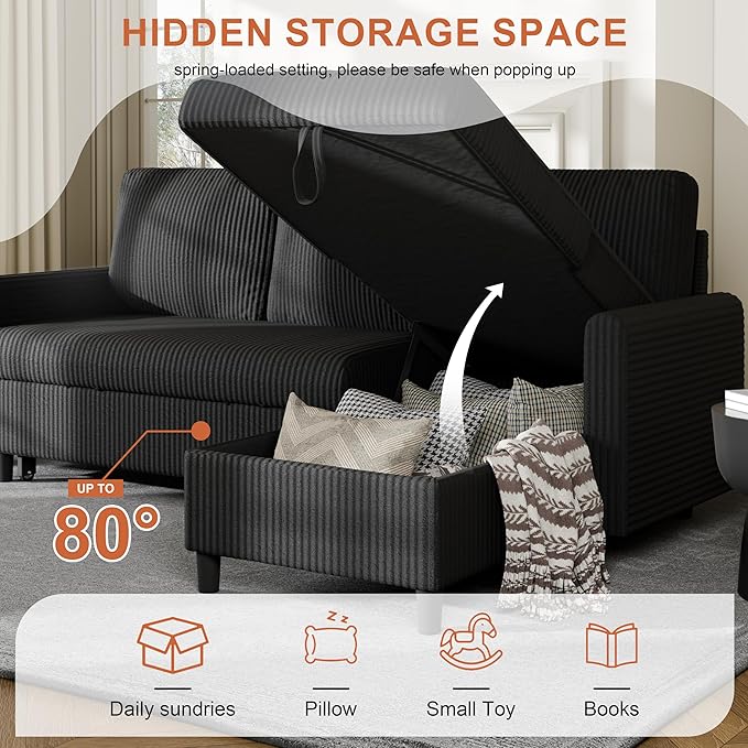 Vongrasig Pull Out Couch, 2 in 1 Small Sofa Bed Sleeper Sofa with Storage, 77" L Shaped Convertible Sofa with Storage Chaise for Living Room, Apartment, Black