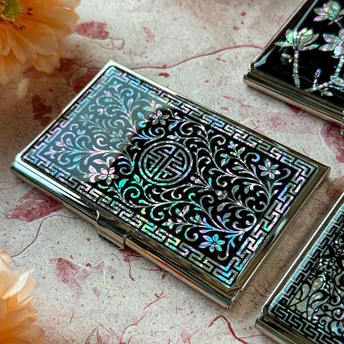 Mother of Pearl Business Card Case Credit Id Name Holder Travel Wallet Art Painting Design Metal Stainless Steel Engraved Slim Purse Pocket Cash Money Wallet (N_Arabesque)