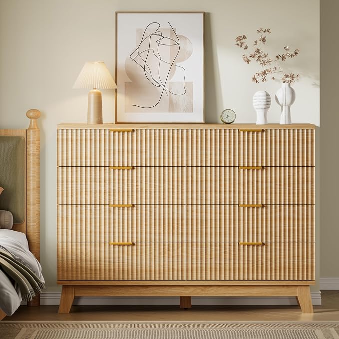 BORNOON Fluted 8 Drawer Tall Dresser, 47.2" Wide Modern Boho Chest of Drawers, Wooden Storage Dresser TV Stand for Bedroom, Living Room, Closet, Hallway, Curved Profile Design