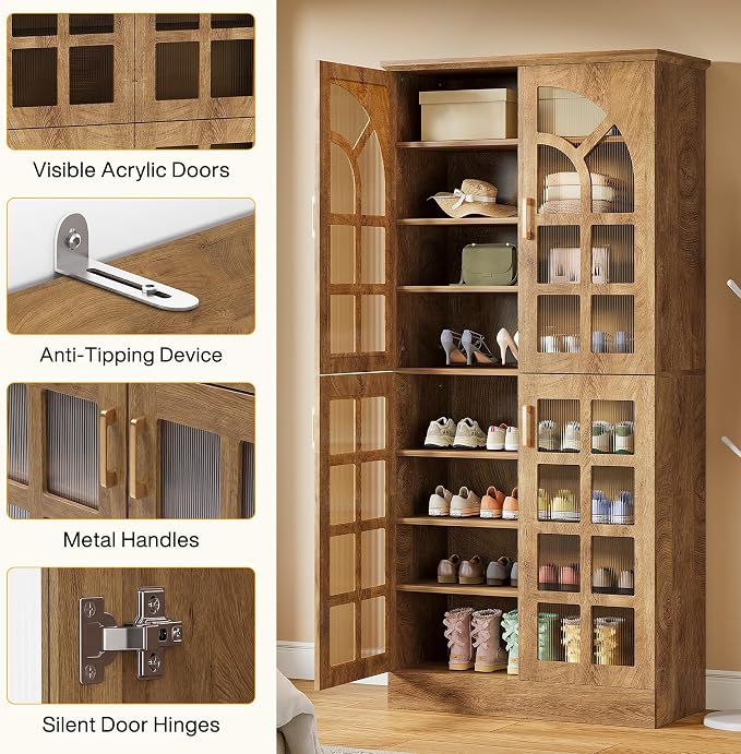 Tribesigns Tall Shoe Cabinet with Doors and Led Lights, 8-Tier Wooden Shoe Rack Organizer with Adjustable Shelves, Narrow Shoe Storage Cabinet for Entryway, Hallway, Living Room, Brown