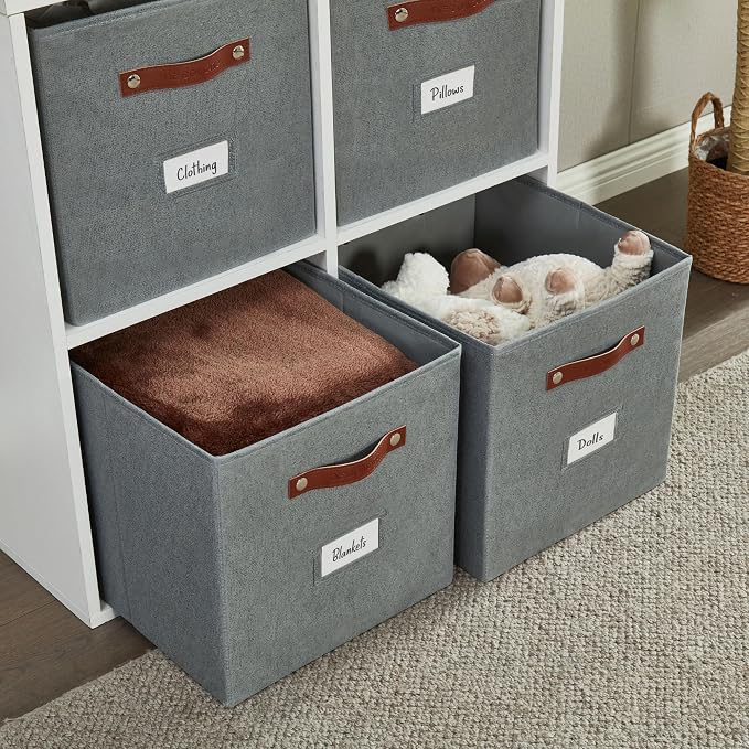 DECOMOMO Storage Baskets, 13x15x13 Storage Cube Bins with Labels for Organizing Shelves (Kallax / 4pcs, Texture Grey)