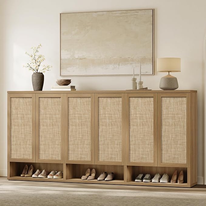 SICOTAS 31.2" Wide Rattan Shoe Storage Cabinet for Entryway with 2 Doors | Rattan Shoe Cabinets with Doors, Tall Shoe Storage Organizer and Display Cabinet for Entryways, Hallways, and Living Rooms