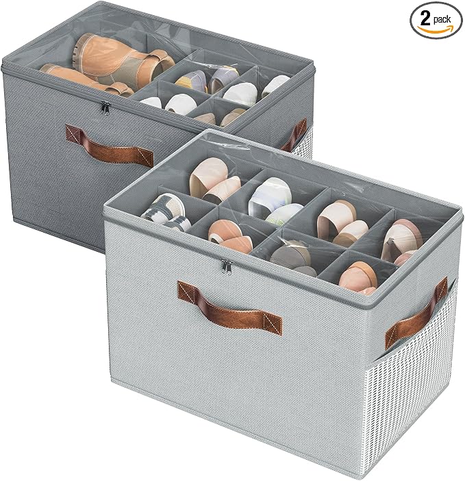 2 Pack Shoe Organizer for Closet, Foldable Shoe Storage with Adjustable | Farbic shoe storage organizer box bin with clear cover, fits up to 16 pairs, shoe storage box for closet, entryway, gray