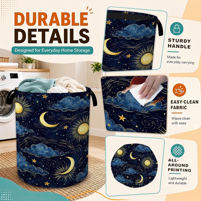 Sun Moon Laundry Basket,Stars Clouds Foldable Oxford Laundry Hamper with Handles,Collapsible Clothes Storage Bucket Tote Bag for Laundry Room,Bathroom,Bedroom,Dorm