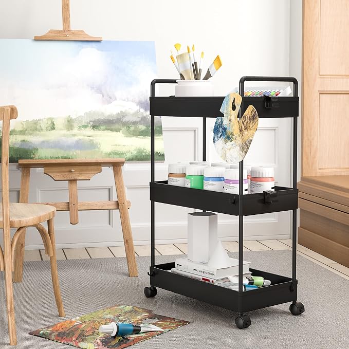 Ronlap 3 Tier Slim Rolling Storage Cart with Wheels Utility Organizer,Black | For bathroom, laundry, kitchen, bedside & dorm. Fits art, craft, snack, makeup, nail, diaper & postpartum baby supplies