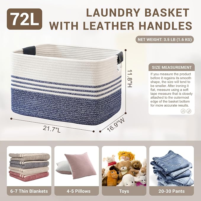 72L Woven Laundry Basket Hamper with Leather Handles,Denim Blue | 22"x17"x12", collapsible wicker hamper, storage for dirty clothes, toys, blankets, gifts, living room, bedroom, bathroom