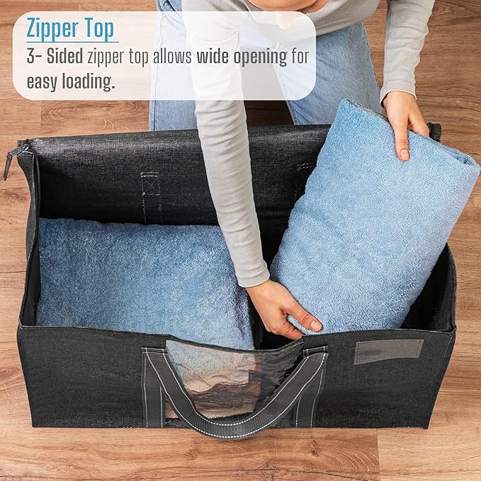 VENO 4 Pack Moving Bags with Clear Window, Heavy Duty Storage Bins with Lid, Around Handles, Tag, Zippers, Extra Large Totes Packing Moving Boxes Supplies for College Dorm Clothes (Dark Gray)