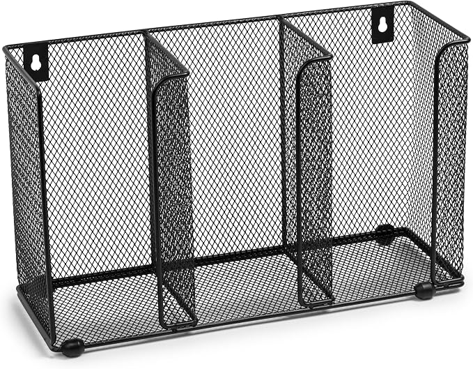 IneVibe 3 Compartment Lid Organizer Holder for Plastic Lids and Cups | Gridded Mesh Metal Rack Stand for Disposable Lids Storage in Kitchen, Cabinet, Drawers - Countertop or Wall Mount