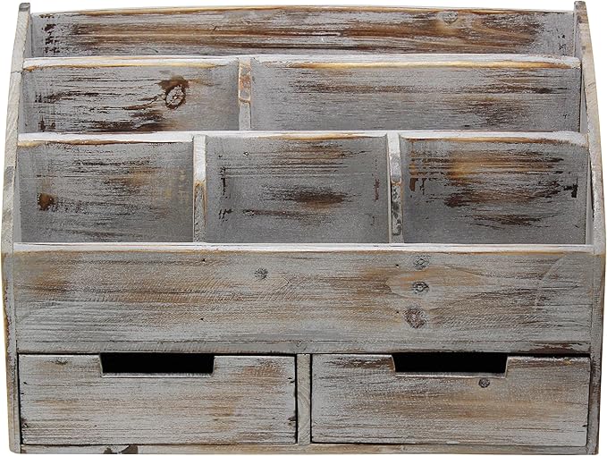Executive Office Solutions Vintage Rustic Wooden Office Desk Organizer & Mail Rack For Desktop, Tabletop, or Counter - Distressed Torched Wood-Store Supplies, Desk Accessories, Mail – Barnwood (WO3)