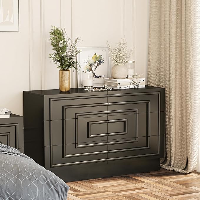 Aoikax Modern 6-Drawer Dresser, Sculptural Mid-Century Drawer of Chest with Geometric Square Pattern, Contemporary Accent Dresser for Bedroom, Living Room, Black