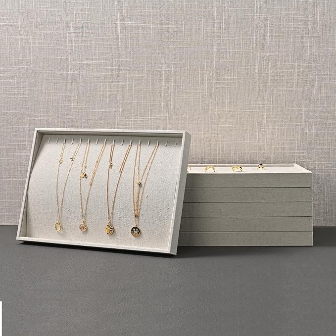 Oirlv Stackable Linen Jewelry Tray Adjustable 24 Grid Jewelry Storage Case for Drawer or Showcase