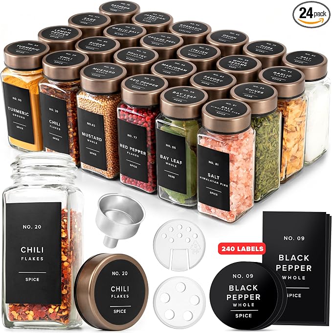 EDELHAUS Glass Spice Jars with Label, 24x Champagne Bronze Steel Lids | Airtight Lids keep spices fresh, Kitchen Spice Drawer Organizer, 4oz Seasoning Containers incl. Funnel, Brush & 240 Labels