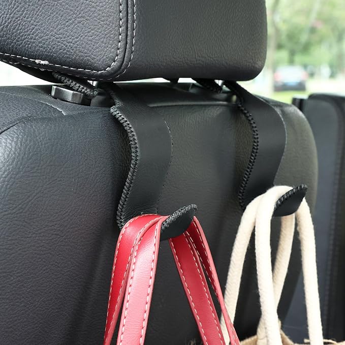 Amooca Car Seat Headrest Hook Universal Vehicle Storage Hanger Leather with Metal Car Seat Back Organizer for Handbag Purse Coat Black 4 Pack