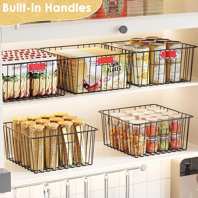 X-cosrack Metal Wire Baskets for Pantry Organization and Storage Freezer Organizer Bins with Handles 4 Pack-12"x12"x6" Extra Large Mesh Bin for Pantry Kitchen Laundry Closet Garage Patent Design