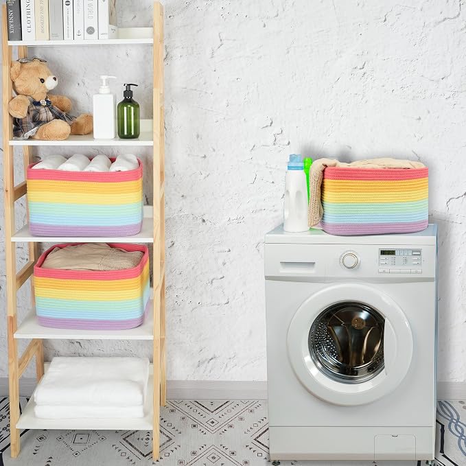 XUANGUO 3-Pack Rainbow Storage Baskets 15X10X9.3“ – Woven Toy Organizer Bins for Kids, Baby Room, Nursery, and Classroom – Cute Square Rope Baskets for Shelves and Organization Rainbow