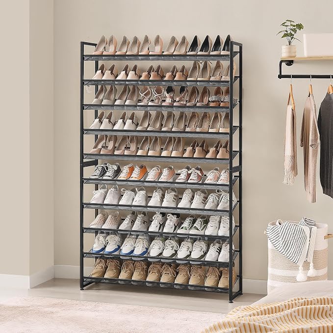 Nunsino Shoe Rack, Long Shoe Organizer,Max Holds 62 Pairs,10 Tier Metal Shoe Storage Shelf,5-Tier Stackable Shoes Organizer for Garage, Entryway,Black