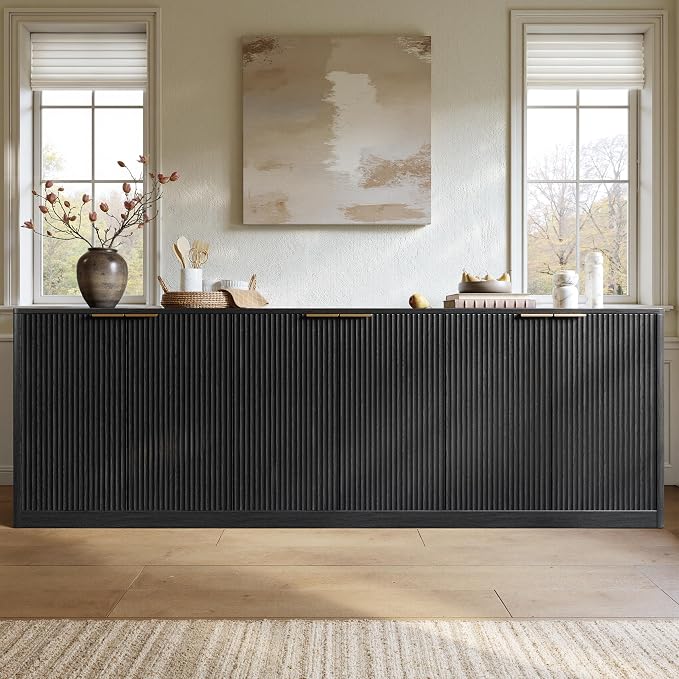 Evermagin 94.5" Fluted Black Buffet Cabinet with Storage | Mid-century modern wood sideboard, large credenza with 6 doors for kitchen or living room, 94.5"W x 31.5"H x 15.7"D