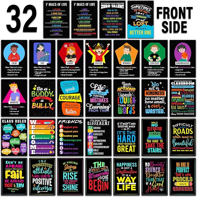 Flora Maria Shop 32 Set of 64 Motivational Posters,1 Free Inspirational Poster, Social Emotional Learning Feelings Posters For Kids
