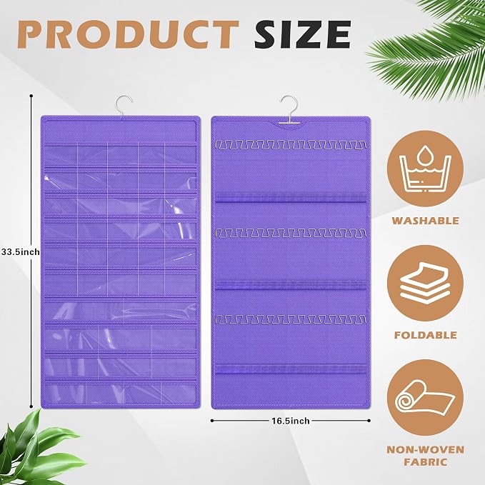 Hanging Jewelry Organizer, Double-Sided Necklaces Holder, Purple | 42 clear pockets organize rings & earrings; 36 wire necklace hooks reduce tangles; top hook hangs in closets, walls or doors.