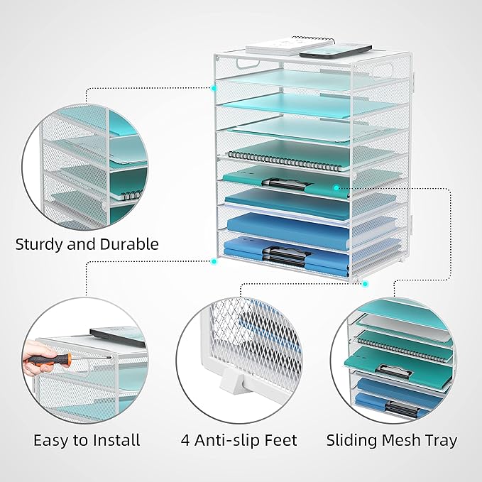 DALTACK 9-Tier Paper Organizer for Desk, Mesh Letter Tray Desk Organizer with Handles, Space-Saving File Organizer for Office Home School, White