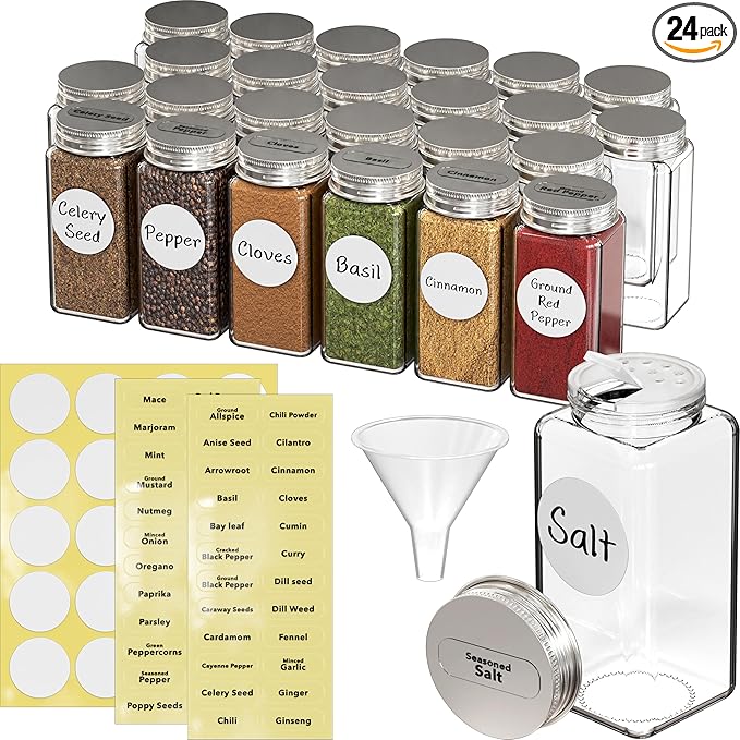 Simple Houseware Spice Jars 4-oz Square Glass Bottles, 24 Pack | 4 Ounce, with Shaker Lids, Funnel and Labels for Seasoning & Storage