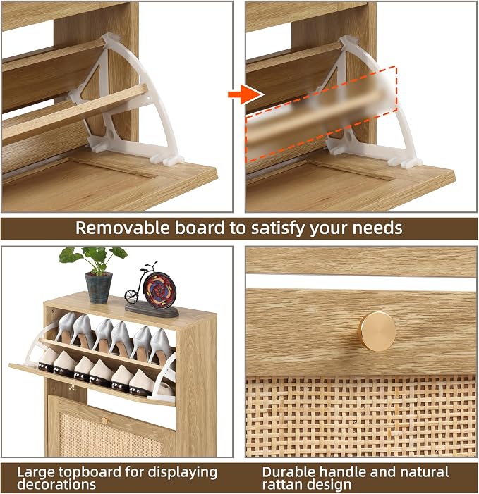 Finnhomy 3 Tier Shoe Cabinet with Natural Rattan Flip Drawers for Entryway, Free Standing Slim Shoe Storage Organizer with Large Top Board, Shoe Cabinet with Adjustable Width Drawers, Natural