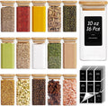 ComSaf Glass Spice Jars with Labels 10 oz 16 Pack Large Square Bamboo Lids | Empty Containers, Seasoning Herbs Powders, Salt Pepper Chili, Spice Rack Organization, Kitchen Cabinet Storage, Dry Goods