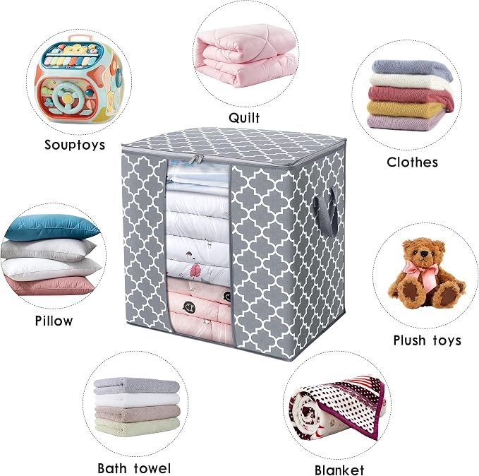 WISELIFE Storage Bags 4 Pack/100L Large Blanket Clothes Organization and Storage Containers for Comforters,Bedding, Foldable Organizer with Reinforced Handle, Clear Window, Sturdy Zippers,Light Gray