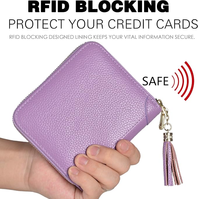 Easyoulife Womens Credit Card Holder Wallet Zip Leather Card Case RFID Blocking (Light Purple)