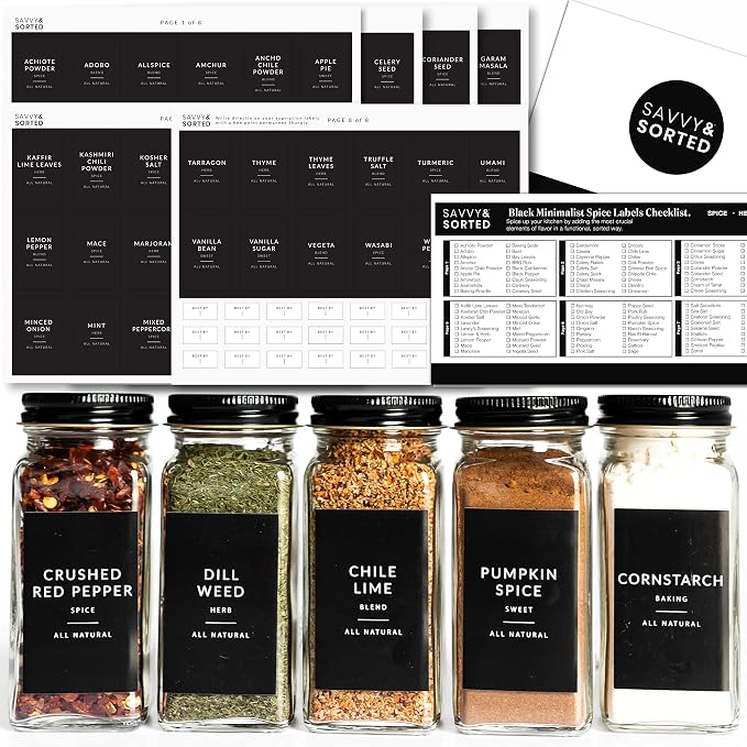 Black Spice Labels for Glass Jars, 148 Spice Jar Labels Stickers Preprinted Waterproof, Rectangle Herb Seasoning Stickers Containers Kitchen Pantry Organization