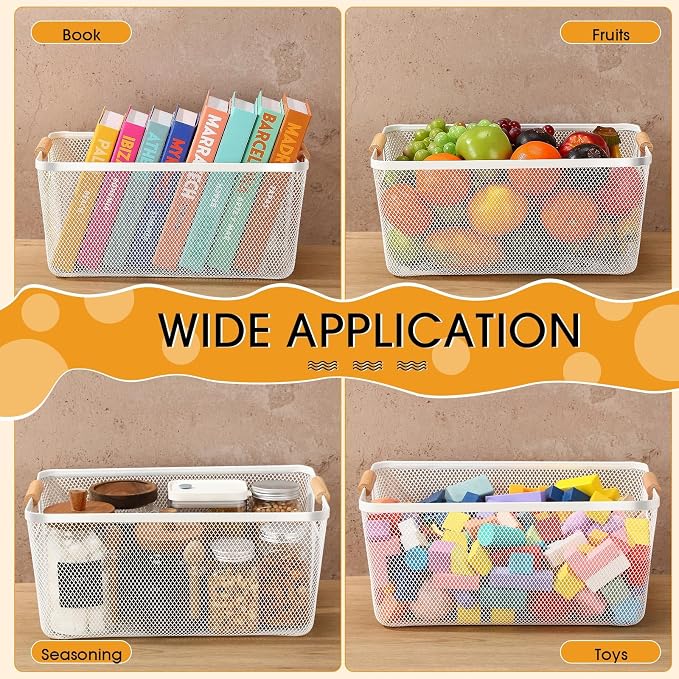 Ziliny 4 Pcs Metal Mesh Wire Baskets with Wooden Handles for Organizing, Pantry Organizers and Storage Steel Bin Kitchen Baskets for Fruit Potato Onion Snacks Bathroom Cabinet(Extra Large,Cream White)