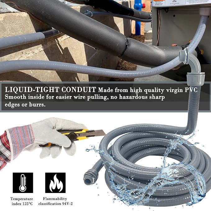 Liquid-Tight Conduit - 3/4inch 25 Foot Flexible Non Metallic Liquid Tight Electrical Conduit Kit, With 4 Straight and 3 90-Degree Conduit Connector Fittings.3/4" Dia