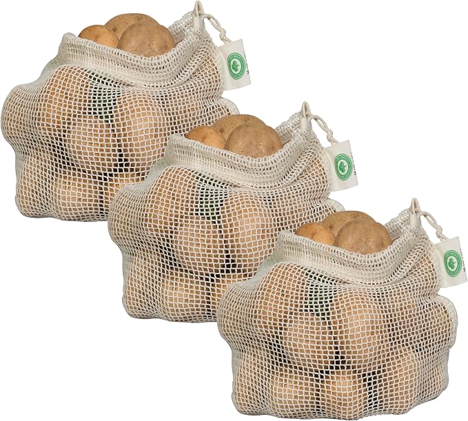 Reusable Mesh Produce Bags made from 100% Organic Cotton - 12"x10", Perfect Reusable Net Vegetable Bags - Washable Fruit, Vegetable & Produce Sacks (3 Medium)