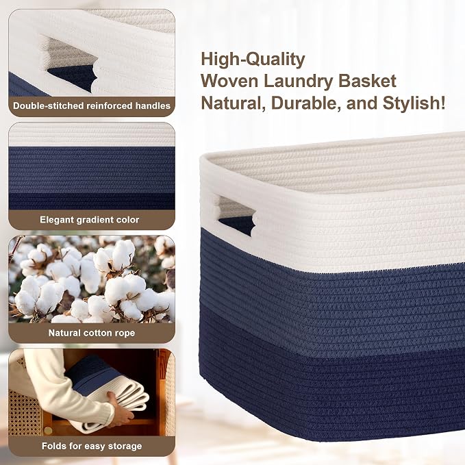 45L Small Woven Laundry Basket Hamper with Handles, Gradient Blue | 18"x14"x11", collapsible wicker hamper, storage for dirty clothes, toys, blankets, gifts, living room, bedroom, bathroom