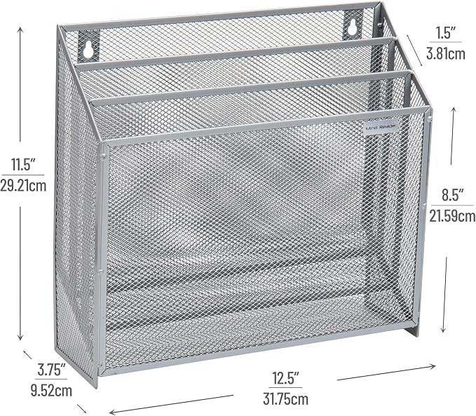 Mind Reader Vertical File Storage, Desktop Organizer, Wall Mount, Office, Metal Mesh, 12.5"L x 3.75"W x 11.5"H, Silver