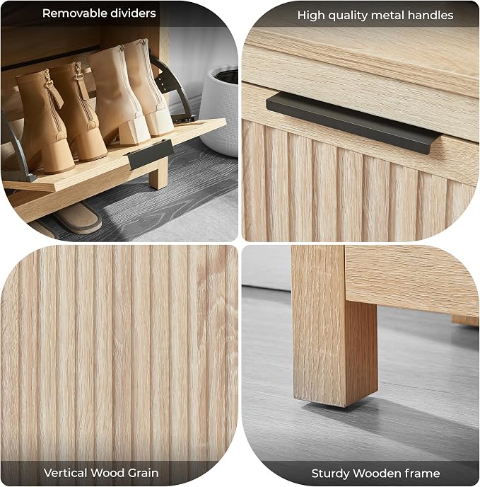 4 Flip Drawers Shoe Cabinet Storage for Entryway, Narrow Hidden Shoes Cabinet Organizer Front Door Entrance Thin Free Standing Front Door Shoe Rack Storage for Entryway(Oak)