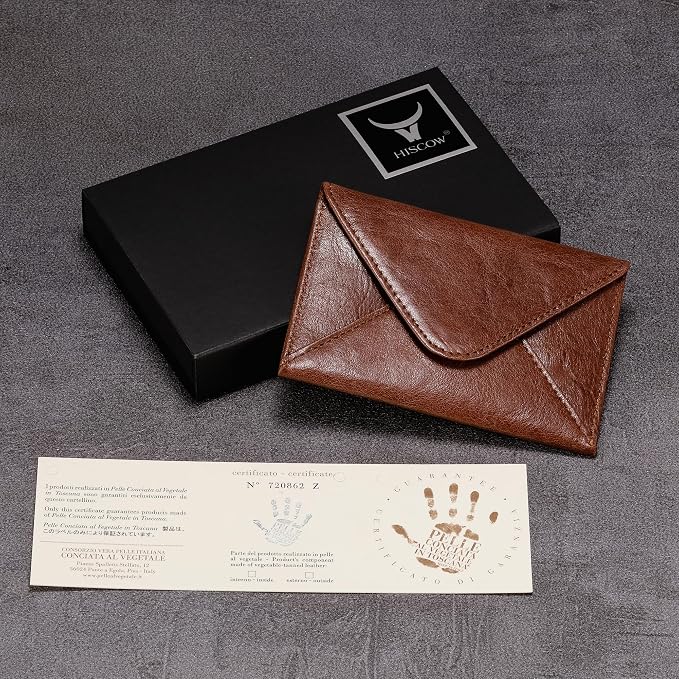 HISCOW Envelope Business Card Case with Magnet Closure - Italian Calfskin (Coffee Vegetable-Tanned Leather)