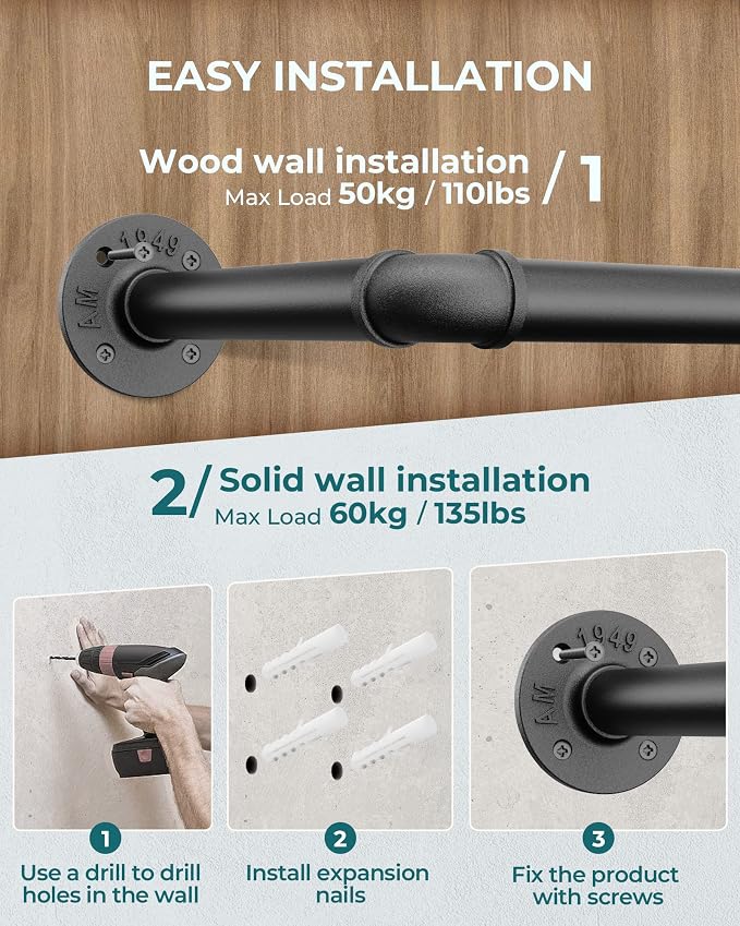 OROPY 38.4" Industrial Pipe Clothes Rack Wall Mounted, Heavy Duty, 2 Pack | Heavy Duty Iron Pipe Clothing Garment Rail, Multi-Purpose Clothing Hanging Rod for Laundry Room and Closet Storage, Black