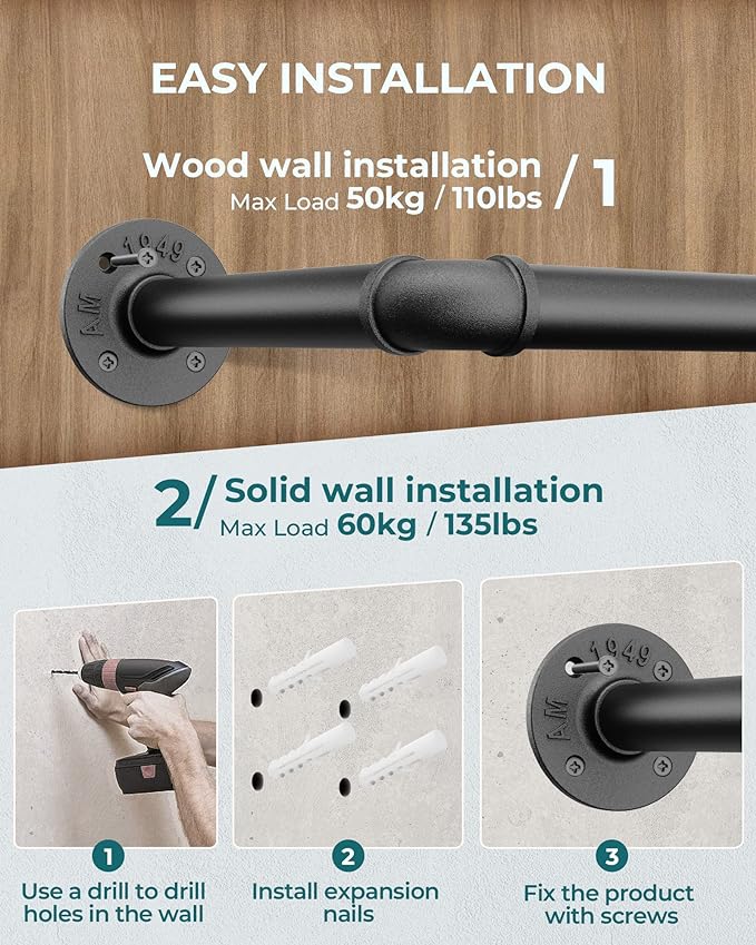 OROPY 38.4" Industrial Pipe Clothing Rack, Wall Mounted Clothes Rack | Heavy Duty Detachable Wall Mounted Clothes Rack, Iron Garment Bar, Multi-purpose Hanging Rod for Closet Storage, Black