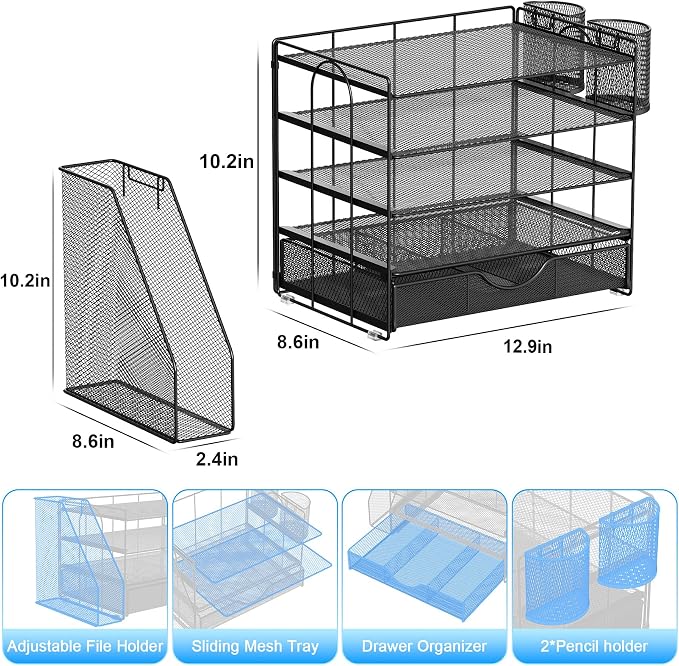 gianotter 5-Tier Desk Organizer with Drawers, File Holders, Letter Trays and Pen Holders - Workspace Accessories for Office Supplies (Black)