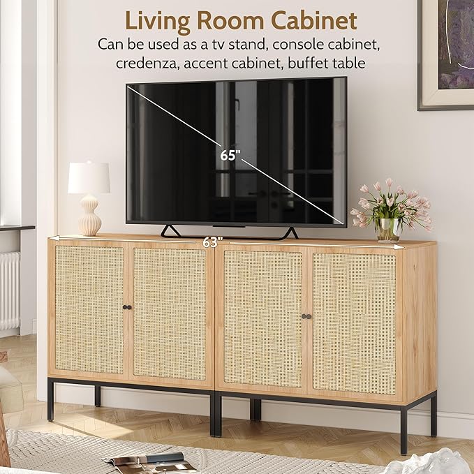 Yechen 31.5" Sideboard Cabinet with Natural Rattan Decorated Doors, Rattan Cabinet, Accent Buffet Console Storage Cane Credenza Cupboard, for Living Room Dining Room Entryway Kitchen, Metal Legs