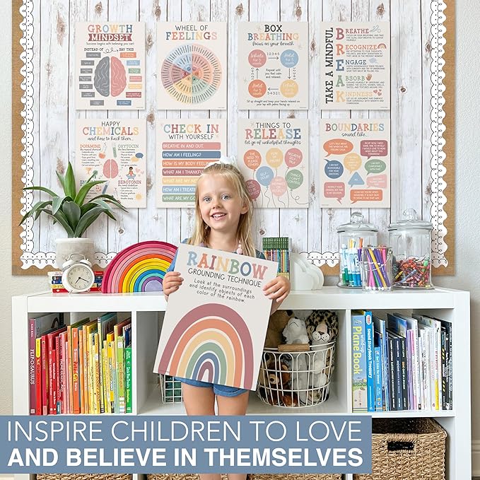 Hadley Designs 9 Mental Health Posters for Classroom - School Counselor Office Must Haves, Mental Health Therapy Office Decor, Growth Mindset Posters, Wheel of Feelings Chart, Boho Classroom Decor