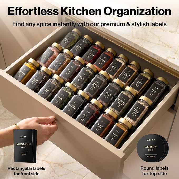 EDELHAUS Glass Spice Jars with Label, 24x Gold Stainless Steel Lids | Airtight Lids keep spices fresh, Kitchen Spice Drawer Organizer, 4oz Seasoning Containers incl. Funnel, Brush & 240 Labels