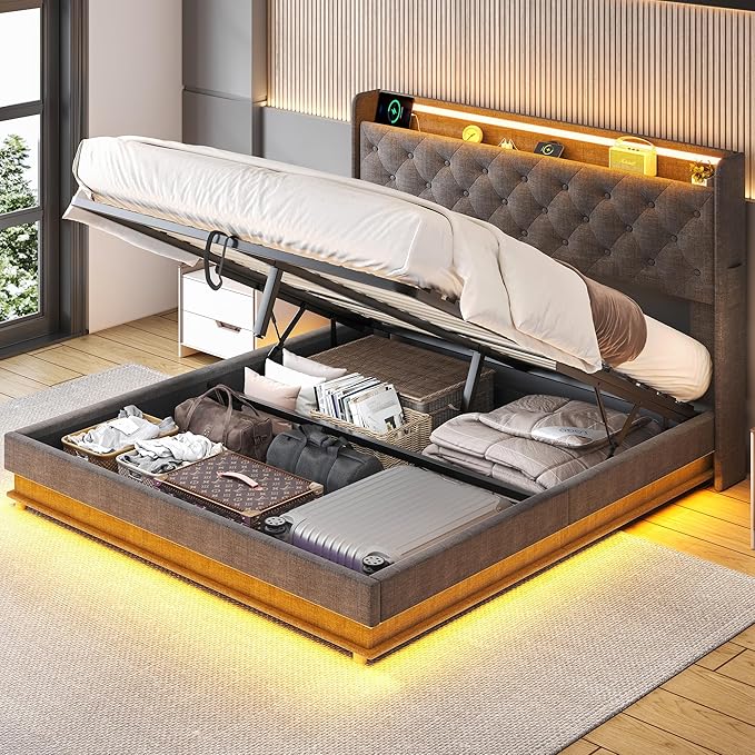 Ailisite Lift Up Storage Queen Bed, Upholstered Platform Bed with Button Tufted Wingback Storage Headboard, Bed Frame Queen Size with Led Lights and Charging Station, No Box Spring Needed, Grey