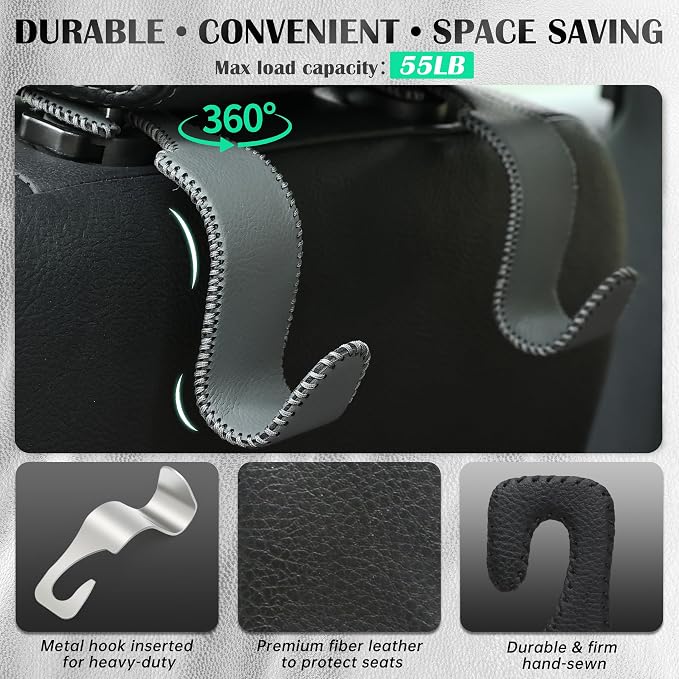 Amooca Car Seat Headrest Hook Universal Vehicle Storage Hanger Leather with Metal Car Seat Back Organizer for Handbag Purse Coat Grey 4 Pack