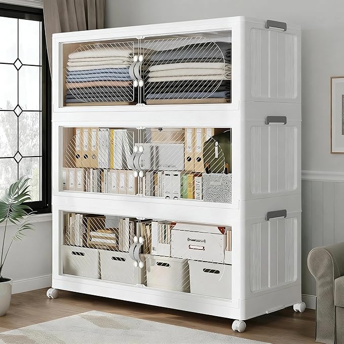 45Gal/180QT 3-Tiers Extra Large Stackable Storage Bins with Lid, Collapsible Cabinet Closet Organizer Plastic Container Box with Wheels Doors Drawers for Living Room Kitchen Office, White
