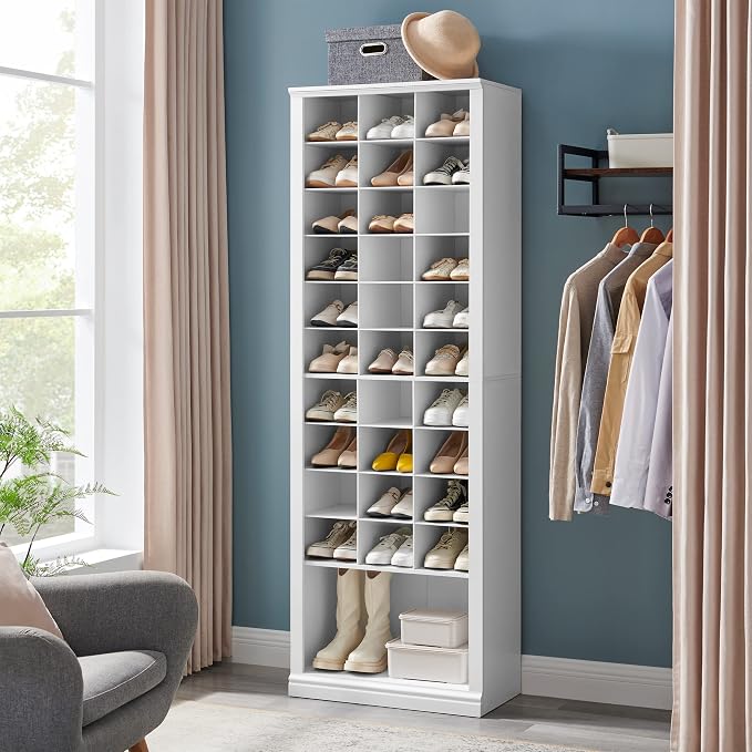 Hzuaneri 11 Tiers Shoe Storage Cabinet, Tall Shoes Cabinet with Cubby, Freestanding Wooden Shoe Organizer, 30-33 Pairs, Shoes Cubby Organizer for Entryway, Bedroom, White 02001BSR