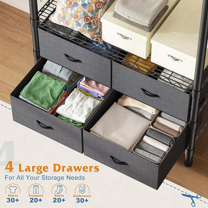 Raybee Clothes Rack, Portable Closet for Bedroom, Dorm, 4 Drawers 4 shelves | Heavy Duty, Tool-Free Assembly, Freestanding, Multi-Function, Adjustable, DIY Layout, Space Saving, Hanging 50+ Clothes