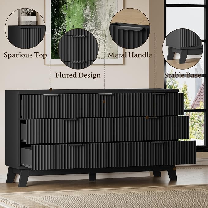 BORNOON 57" Long Dresser for Bedroom, 7-Drawer Fluted Chest, Wide Wood Storage Dresser with Metal Slides and Handles, Stable Base, Modern Clothes Organizer for Primary Suite, Guest Room, Nursery
