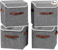 4PCS Storage Cubes with Lid Fabric Storage Bins Boxes PU Leather Handles Cotton Linen Closet Organizer Container Decorative Foldable Washable Shelf Cloth Basket (Flip-top Lid, Gray, 11in)